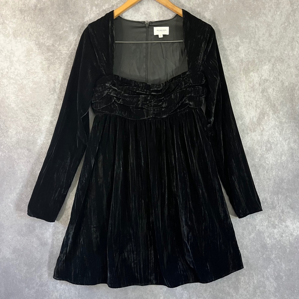 Who What Wear Dress Womens Small Black Crushed Velvet Ruched Square Neck Mini